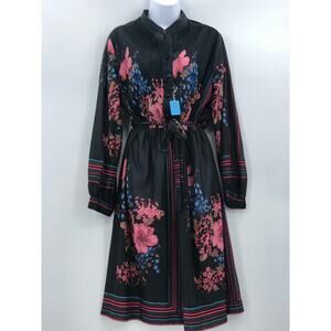Princess VINTAGE Women's Floral Tie Waist Belt Midi Dress Long Sleeves Black Red